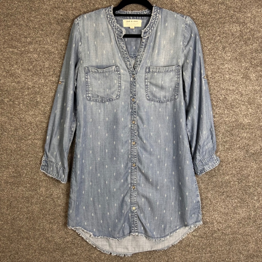 Cloth & Stone Shirt Dress Women XS Blue Excellent Raw Hem Anthropologie